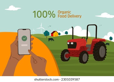 Smart farming design template. Human hand-holding smartphone with done tick mark tractor plowing an agricultural field. Innovation technology in agriculture. Farmland vector illustration
