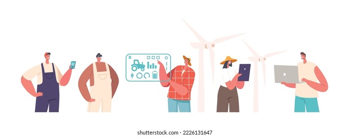 Smart Farming, Digital Agricultural Farm Of Future Concept with Farmers Use Innovative Agricultural Technologies, Modern Digital Farming Controlled Remotely. Cartoon Vector Illustration