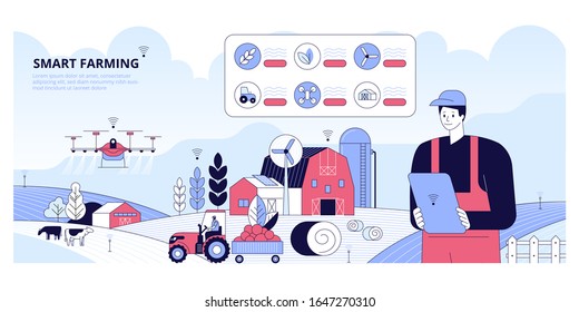 Smart farming and digital agriculture IOT concept. Farmer managing his industrial farm with a mobile app on his tablet. Panoramic vector illustration for banner, website, print or mobile app.