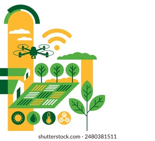 Smart Farming, drones in agriculture, technologies and innovations - management concept focused on providing the agricultural industry to leverage advanced technology. Isometric and geometric design