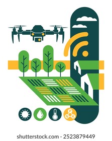 Smart Farming, drones na agricultura, tecnologias e inovações - conceito de gestão focado em fornecer o setor agrícola. Design isométrico e geométrico com espaço de cópia