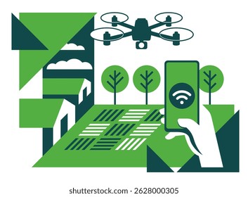 Smart Farming, drones in agriculture, technologies and innovations - management concept focused on providing the agricultural industry. Isometric and geometric design
