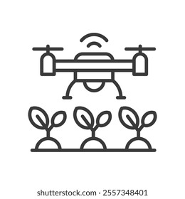 Smart farming drones icon in line design. Smart, farming, drones, agriculture, technology, aerial, IoT on white background vector. Smart farming drones editable stroke icon