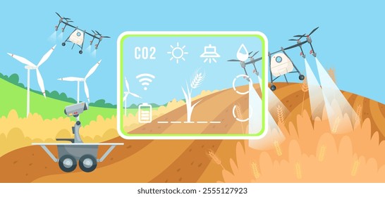 Smart farming with drones, robots, and wind turbines illustration. Vector illustration