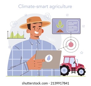 Smart farming. Farm worker growing plants and feeding animals with climate-smart technologies. Agriculture and animal husbandry business. Flat vector illustration