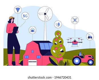 Smart farming. Farmer runs farm on tablet app. Machinery works in field. Drones fly, wind turbines generate energy, solar panels on barn. Vector character illustration of innovation at agribusiness