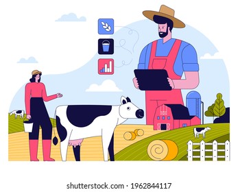 Smart farming. Farmer runs farm milk production on tablet using data. Woman milkmaid with bucket, cows graze in field. Animal husbandry. Vector character illustration of innovation at agribusiness