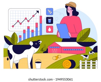 Smart farming. Female farmer runs farm dairy production on tablet using data, milk yield schedule. Cows graze in field. Animal husbandry. Vector character illustration of innovation at agribusiness