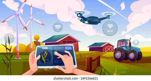 Smart farming, futuristic technologies in farm industry. Tablet with app for control plants growing, drone, wind mills, solar panels, agricultural automation and robotics Cartoon vector illustration