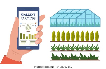 Smart farming, futuristic technologies in farm industry. Smartphone with app for control plants growing, greenhouse, Beds with agricultural crops. Vector illustration