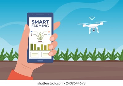 Smart farming, futuristic technologies in farm industry. Smartphone with app for control plants growing, drone, agricultural automation. Beds with agricultural crops. Vector illustration