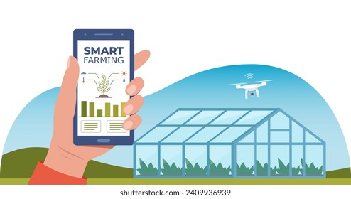 Smart farming, futuristic technologies in farm industry. Smartphone with app for control plants growing, drone, agricultural automation. Greenhouse on background. Vector illustration