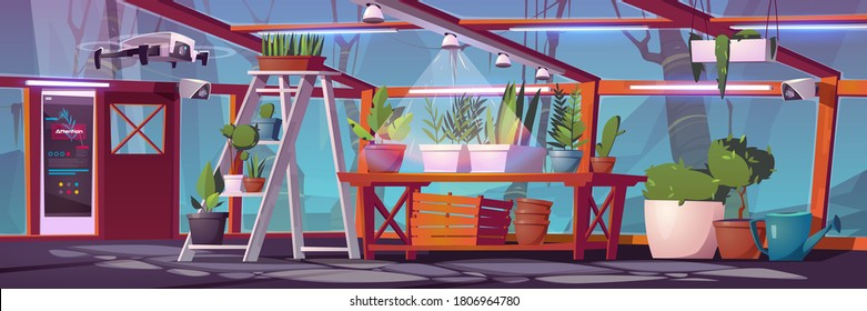 Smart farming in glass greenhouse with plants, drone irrigation monitoring system. Vector cartoon interior of empty hot house with cultivation technologies and innovations