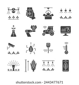 Smart farming glyph icon set. Vector collection with tractor, watering system, agriculture drone, robot, surveillance camera, smartphone, ph meter.