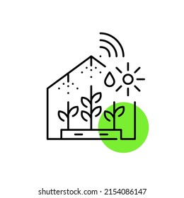 Smart farming greenhouse with automatic humidity and temperature control. Pixel perfect, editable stroke icons