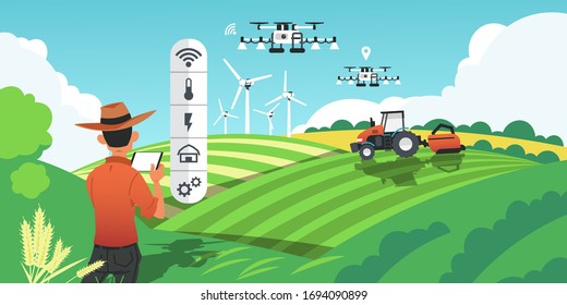 Smart farming. Growing crops and harvesting plants with futuristic technologies, drones on field and GPS vehicles. Vector image cartoon smart agro industry concept, future agricultural innovations