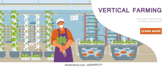 Smart farming horizontal banner with vertical agriculture and technology integration flat vector illustration. Farmer shows harvest in greenhouse.