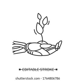 Smart farming icon. Robot handle plant. Line pictogram of digital agricultural technology and future of agriculture. Editable stroke vector illustration for web and it and data business presentation 