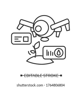 Smart farming icon. Satellite control field and crops. Linear concept pictogram for modern automatic agricultural technology. Editable stroke vector illustration for logo, web and greenhouse business 
