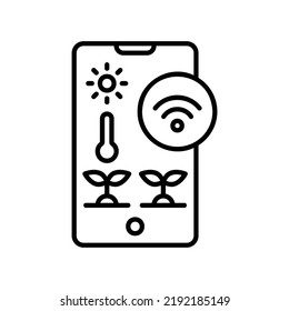 Smart Farming Icon With Smartphone, Signal, Sun, And Thermometer In Black Outline Style