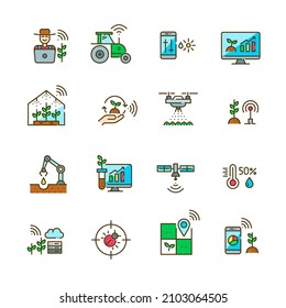 Smart farming icons set. Farmer using internet of things, drones and robots for precise farming. Pixel perfect, editable stroke colorful icons