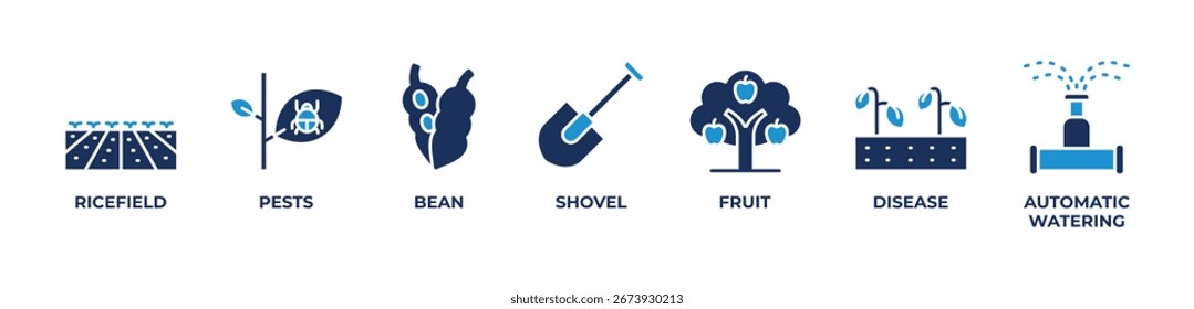 Smart Farming Ícones definir ilustração vetorial azul com icefield, Pragas, Feijão, Pá, Fruta, Doença, Rega automática 