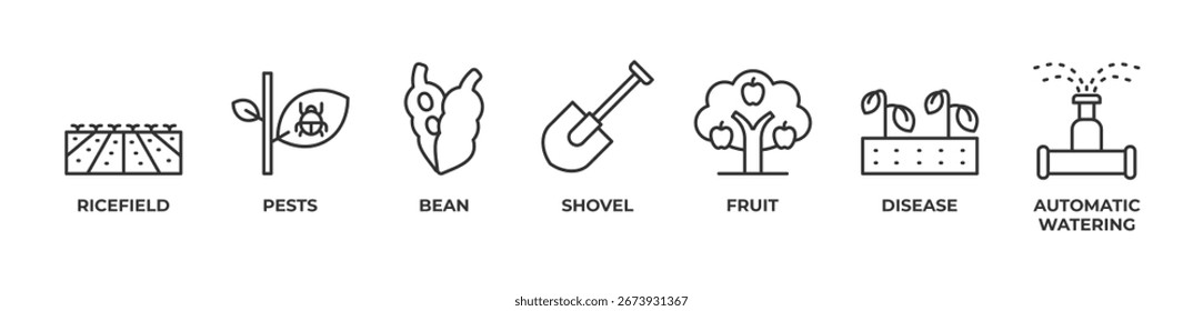 Conjunto de iconos de agricultura inteligente contorno de Ilustración vectorial con campo de hielo, plagas, frijol, pala, fruta, enfermedad, riego automático 