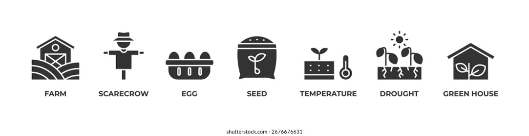 Conjunto de iconos de agricultura inteligente Glifo de Ilustración vectorial con granja, espantapájaros, huevo, semilla, temperatura, sequía, casa verde