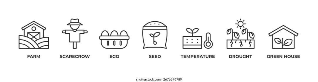 Conjunto de iconos de agricultura inteligente contorno de Ilustración vectorial con granja, espantapájaros, huevo, semilla, temperatura, sequía, casa verde