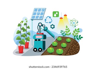 Smart Farming - Illustration Of A Robot Taking Care Of A Tree