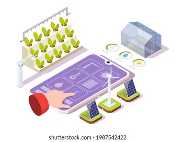 Smart farming industry concept flat vector isometric illustration. Remote control organic greenhouse. Internet of things, artificial intelligence technologies in agriculture.