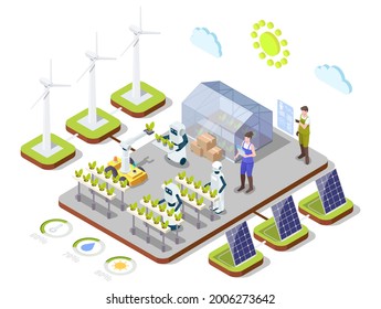 Smart farming infographic, flat vector isometric illustration. Smart organic farm using AI technologies and clean energy produced by wind turbines, solar panels. AI in agricultural industry. svg