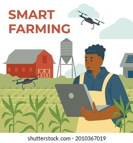 Smart Farming and innovation internet technology used in agricultural, vector flat style illustration. Agronomist remotely controls drones, analyzes data. The concept of agricultural management