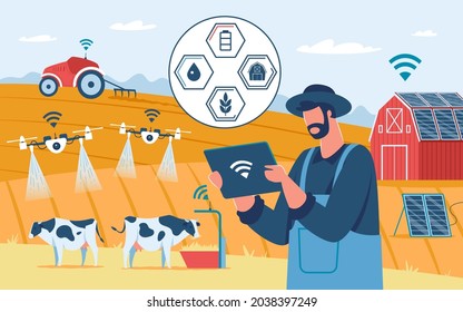 Intelligente Landwirtschaft, innovative Landwirtschaftstechnologie, Agrardrohen. Ökologische solarbetriebene Farm, landwirtschaftliche Automation, Vektorgrafik. Überwachung der landwirtschaftlichen Flächen, künftige drahtlose Steuerung