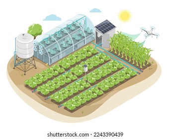 Intelligente Landwirtschaft mit Solarzellenwasserpumpe und Trockentechnologie für landwirtschaftliche Geräte auf trockenem Landdiagramm, isometrischer isolierter Vektorgrafik