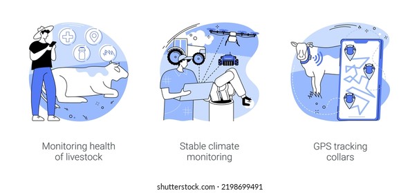 Conjunto de ilustraciones de vectores de dibujos animados aislados de cultivo inteligente. Vigilancia de la salud del ganado, vigilancia del clima estable, collares de seguimiento del GPS, tecnología IoT, cartografía moderna de vectores agrícolas.