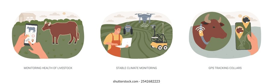 Smart farming isolated cartoon vector illustrations set. Monitoring health of livestock, stable climate monitoring, GPS tracking collars, IoT technology, modern agriculture vector cartoon.