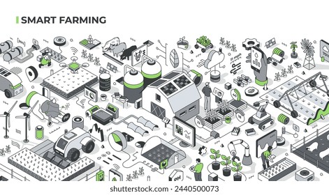 Smart farming isometric illustration showcase innovative farming techniques: robotics, autonomous vehicle, remote control, drones usage, AI , and weather monitoring. Modern agriculture practices