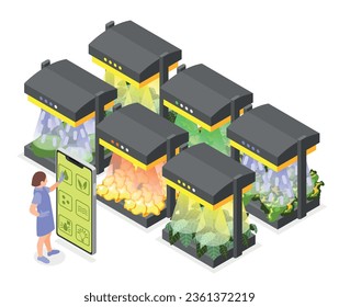 Smart farming isometric illustration with woman using remotely digital control for growing food of future vector illustration