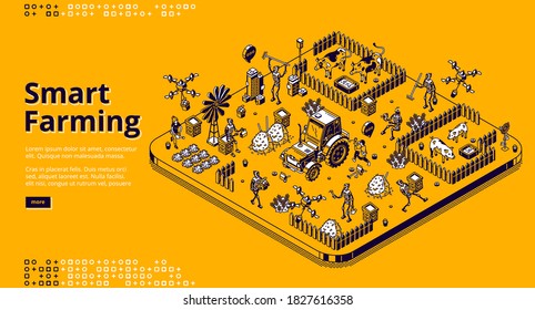 Smart farming isometric landing page with robots and people working on farm or field, cyborgs feeding cattle, harvesting. Automated village agriculture, animal husbandry 3d vector line art web banner