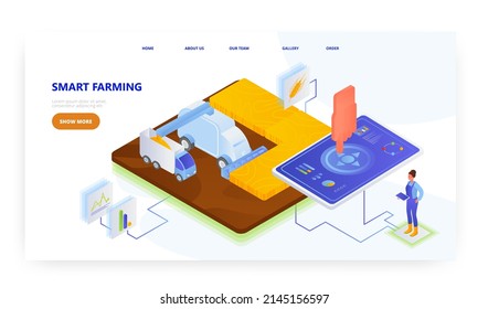 Smart farming, landing page design, website banner vector template. Intelligent combine harvester harvesting wheat.