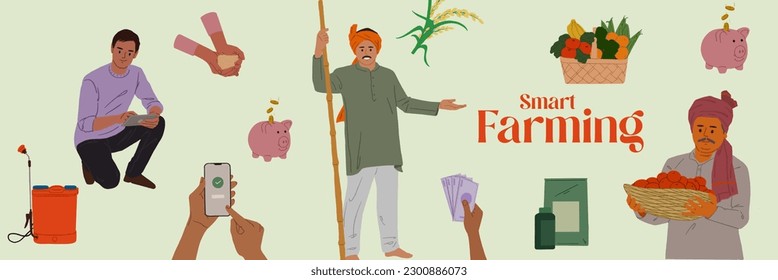 Smart farming layout banner template. Human hand holding smartphone. Innovation technology in agriculture.  Agricultural equipment. 