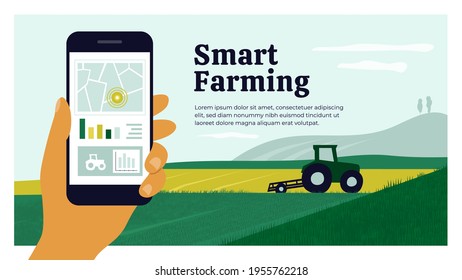 Smart farming layout template. Human hand holding smartphone with map, chart, graph, controlled tractor plowing agricultural field. Innovation technology in agriculture. Farm land vector illustration