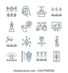 Smart farming line color icon set. Vector collection with tractor, watering system, agriculture drone, robot, surveillance camera, smartphone, ph meter.