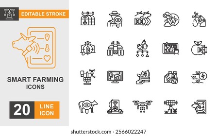 Smart farming line editable icon set. Innovation, control, growth, harvest, machine, drone and more line icons