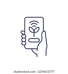 Smart farming line icon with a phone in hand