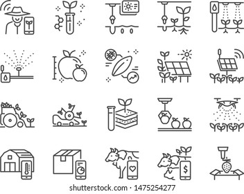 Smart farming line icon set. Included icons as farmer, agriculture, planting, app, online control and more.