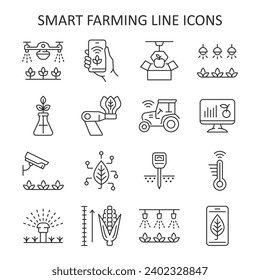 Conjunto de iconos de línea de cultivo inteligente. Recogida de vectores con tractor, sistema de riego, drones agrícolas, robot, cámara de vigilancia, smartphone, ph meter.