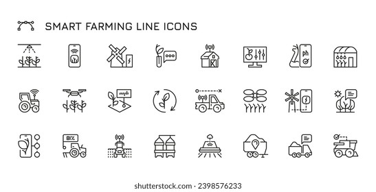 Smart farming line icons. Agriculture technology and organic agriculture concept. Vector linear sign with soil sensor and robotic devices. Drones fertilizing plants, windmill for electricity