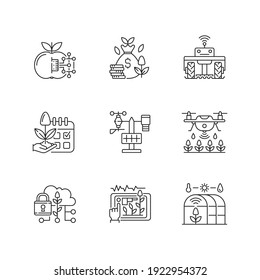 Smart farming linear icons set. Internet of food. Maximum productivity. Agricultural industry management. Customizable thin line contour symbols. Isolated vector outline illustrations. Editable stroke